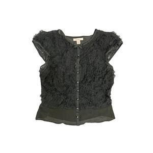 Intuitions 10% Silk Sheer Black Ruffled Lace Button Up Shirt SZ 10 Whimisgoth